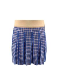 Jupe plissée à carreaux bleus et roses avec une ceinture beige, longueur genou, avec des plis espacés de manière régulière.