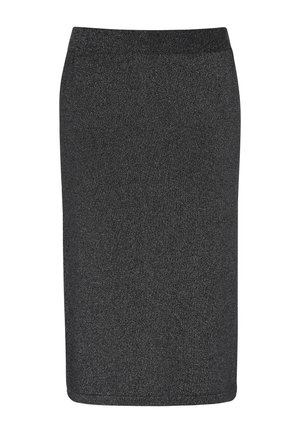 Gonna a matita nera, aderente, realizzata in materiale testurizzato e scintillante. Presenta una cintura elastica e un taglio alla lunghezza del ginocchio. Nessun accento aggiuntivo.