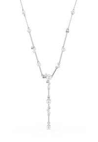 Silbernes Halsband mit einem Y-förmigen Design, das abwechselnd zylindrische und runde Elemente zeigt, geschmückt mit klaren Kristallen und einem zentralen Anhänger.