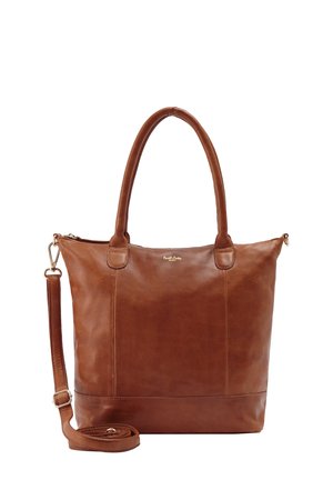 Borsa a spalla in pelle marrone con doppio manico superiore e tracolla staccabile. Presenta una superficie liscia e una chiusura con zip.