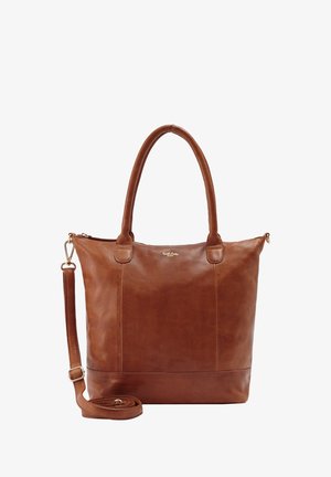 Borsa a spalla in pelle marrone con doppio manico superiore e tracolla staccabile. Presenta una superficie liscia e una chiusura con zip.