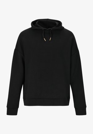 Sort hættetrøje lavet af blødt stof, med snoretræk til hætten og guld accenter, oversized pasform og ribbede cuff og kant.