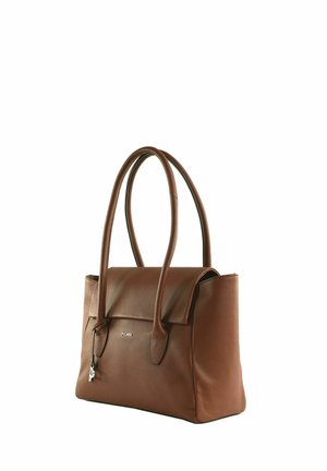 Sac à main en cuir marron avec deux longues anses, fermeture à rabat et petit cadenas argenté suspendu sur le côté, marqué "PICARD" à l'avant.