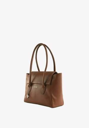 Sac à main en cuir marron avec deux longues anses, fermeture à rabat et petit cadenas argenté suspendu sur le côté, marqué "PICARD" à l'avant.