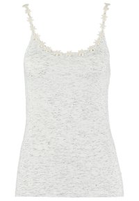 Haut blanc sans manches avec des fines taches grises et un bord en dentelle florale le long de l'encolure et des bretelles.