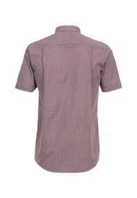 Kurzarmshirt in Bordeauxrot mit einem geometrischen Muster, ausgestattet mit einem Button-Down-Kragen und einem lässigen Schnitt, hergestellt aus leichtem Stoff.