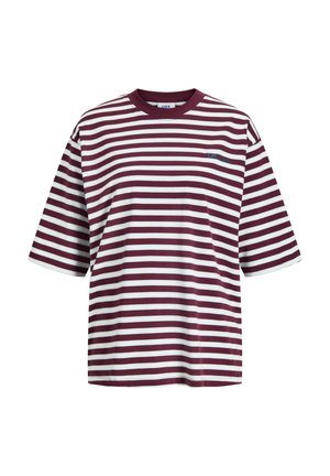 Kurzärmeliges T-Shirt mit horizontalen Streifen in Bordeauxrot und Weiß, Rundhalsausschnitt und kleinem dunklem Logo auf der linken Brust.