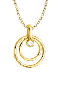 Guldhalsband med två sammanlänkade cirkulära hängen. Det större hängnet är slätt, medan det mindre har en enda diamantdetalj.