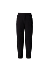 Crne hlače s ravnim krojem nogavica, elastičnim manšetama i zatvaranjem na prednjoj strani s gumbima. Izrađene od glatkog, izdržljivog materijala s bočnim džepovima.