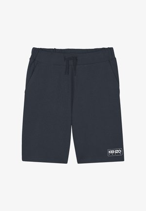 Marineblauwe sportshorts met een elastische tailleband, een trekkoord, zijzakken en een witte Kenzo Paris logo patch op het linkeronderbeen.