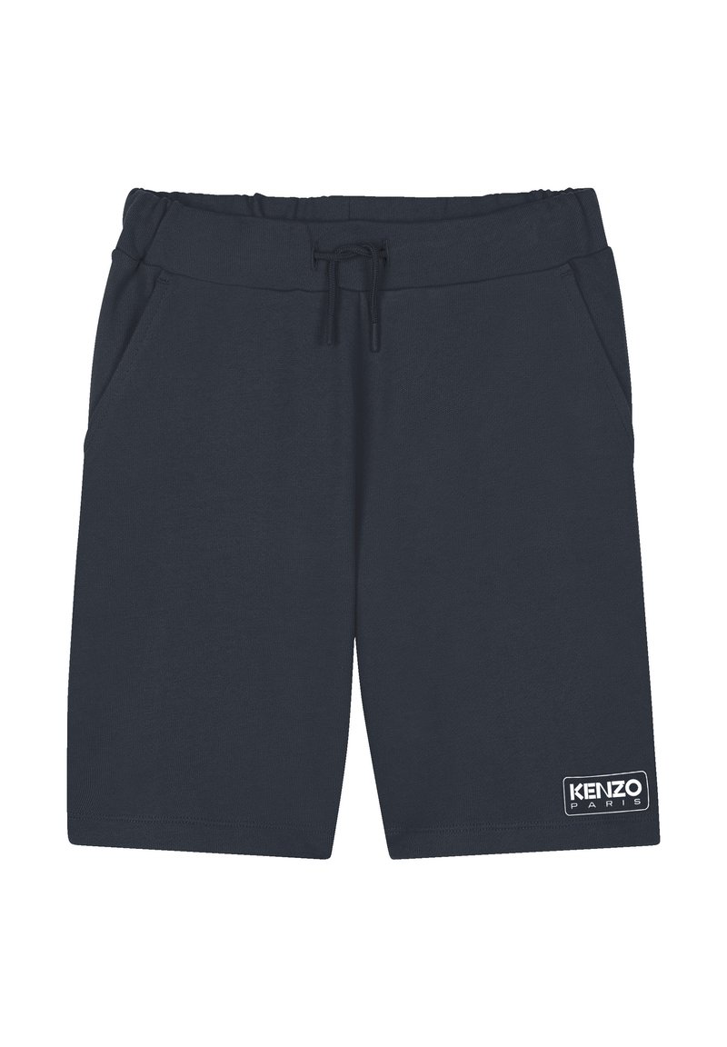 Marineblauwe sportshorts met een elastische tailleband, een trekkoord, zijzakken en een witte Kenzo Paris logo patch op het linkeronderbeen.