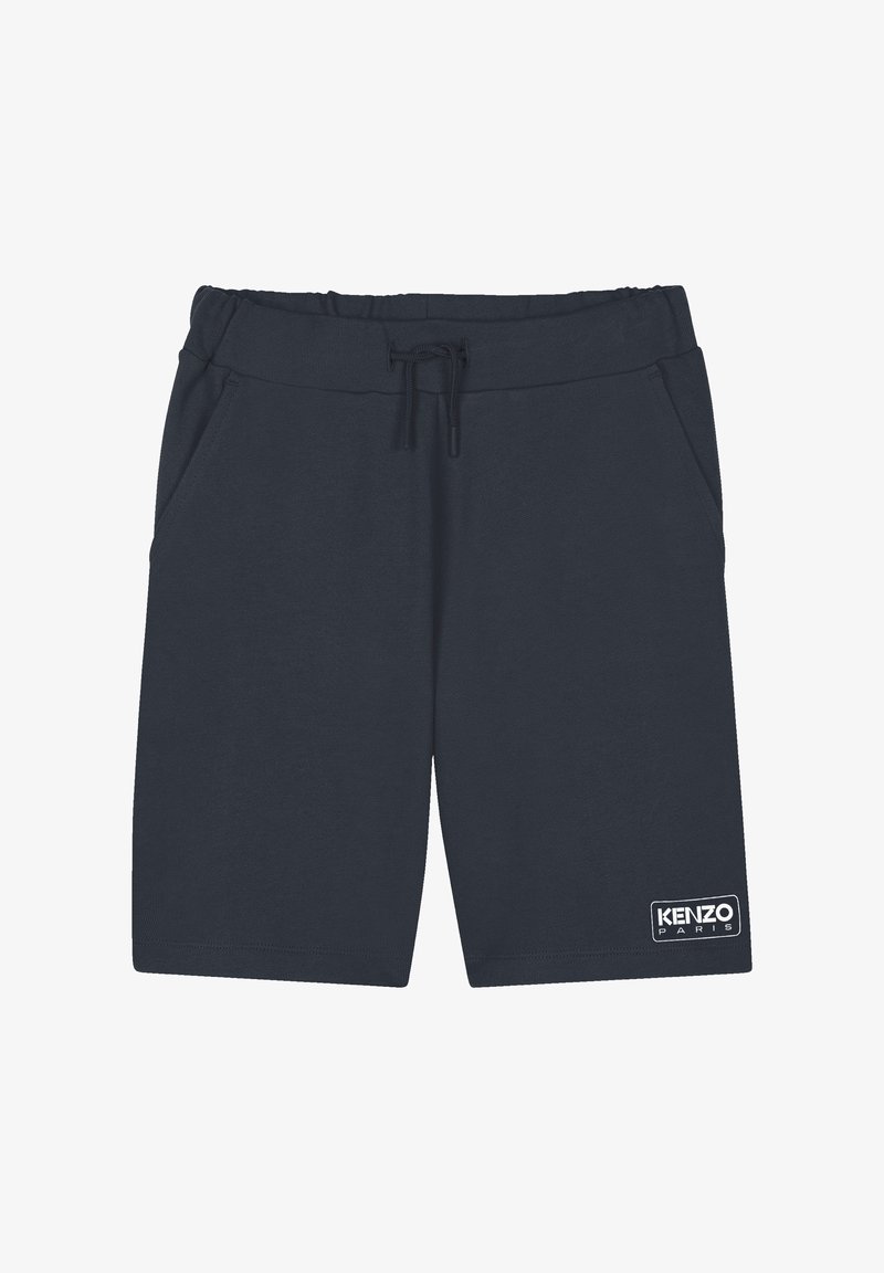 Shorts de sport bleu marine avec une taille élastique, un cordon de serrage, des poches latérales et un patch logo Kenzo Paris blanc sur le bas de la jambe gauche.