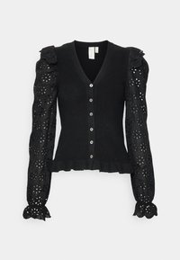 Schwarze Strickjacke mit geripptem Vorderteil und Puffärmeln aus Ösen-Spitze, mit Knöpfen vorne und einem gewellten Saum.