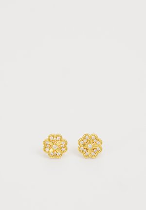Gold-tone stud earrings with a floral design, featuring clear inset stones. The texture is smooth, with a polished finish and rounded edges.
