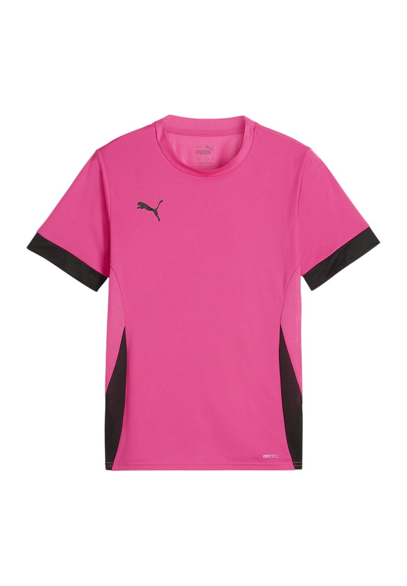 T-shirt de sport rose Puma avec des accents en mailles noires aux manches et sur les côtés. Il a un col rond et une étiquette "DRYCELL" à l'ourlet.