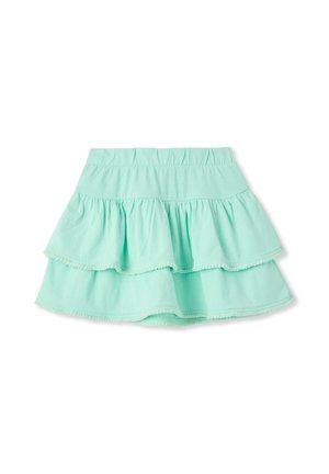 Gonna a strati di colore verde menta, con tre strati arricciati e una vita elasticizzata. Tessuto morbido con una texture liscia e senza hardware visibile.