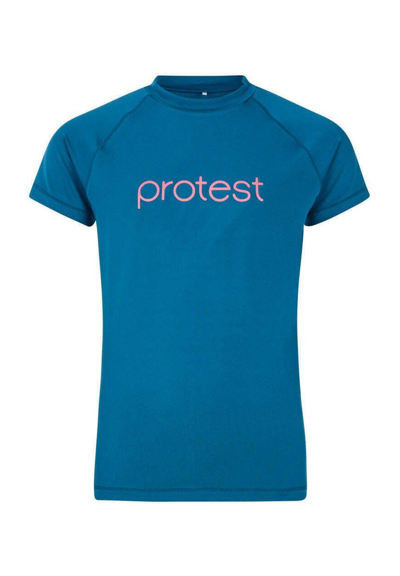 Mėlyna trumpomis rankovėmis marškelis su apvaliu kaklu. Papuoštas rožiniu "protesto" logotipu per krūtinę. Lygus audinys, sportinis dizainas ir tvirtas prigludimas.