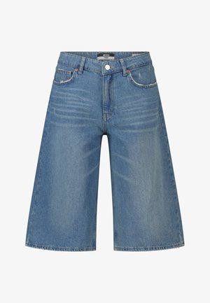 Blauwe denim knielange shorts met een knoop en rits aan de voorkant, riemlussen en voorzakken.