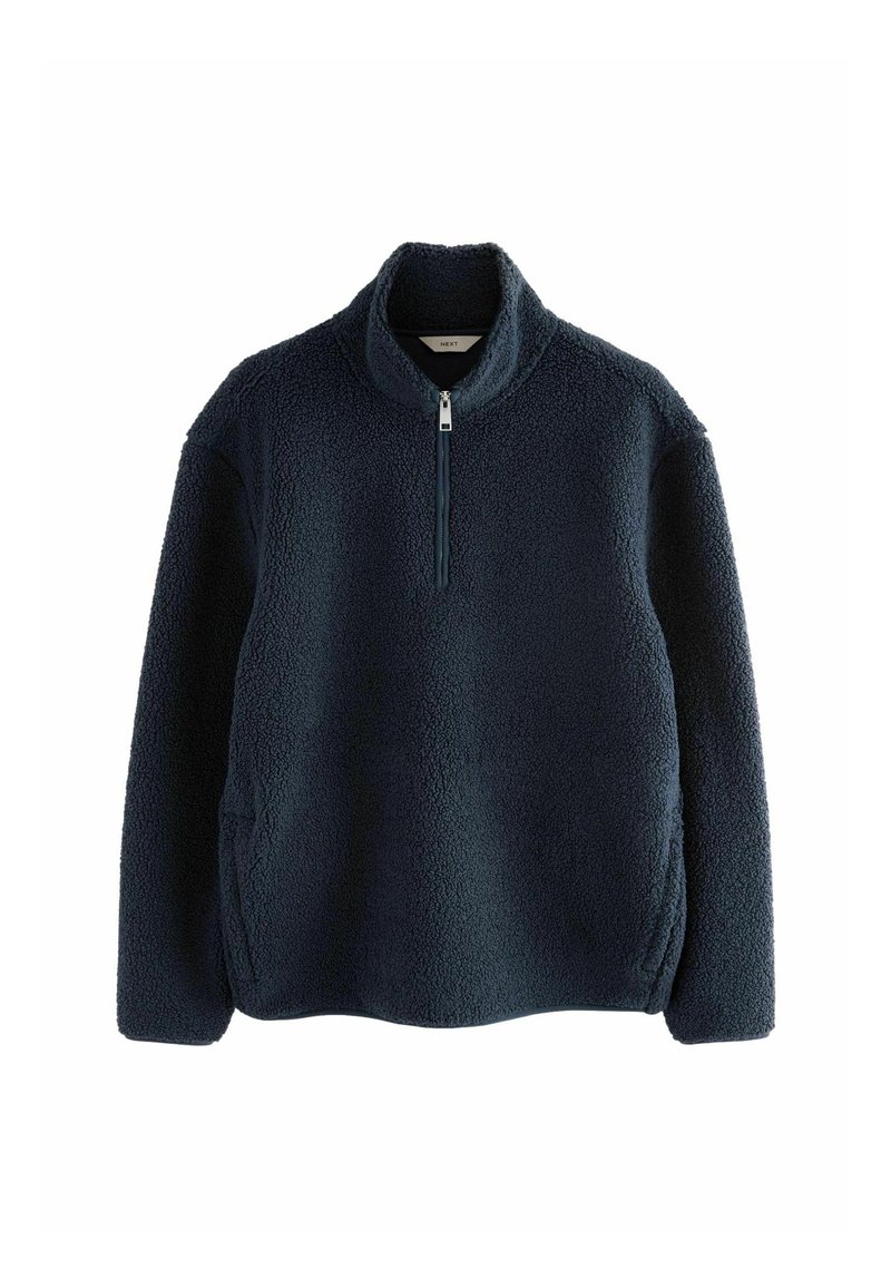 Mørkeblå fleece-pullover med halv-zip krave og lange ærmer, lavet af tekstureret, varmt, blødt stof.