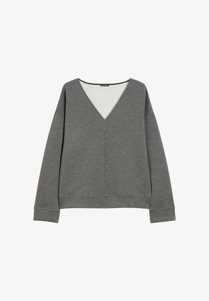 Felpa grigia a maniche lunghe con scollo a V profondo, vestibilità comoda e polsini larghi, esposta su uno sfondo bianco.