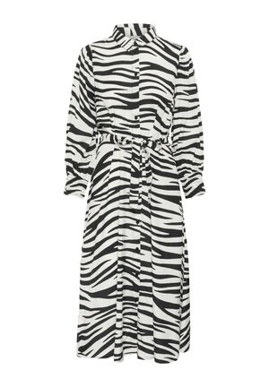 Pogodēta kleita melnbaltā zebras rakstā, ar apkakli, garām piedurknēm, jostu vidukļa daļā un plūstošu siluetu.