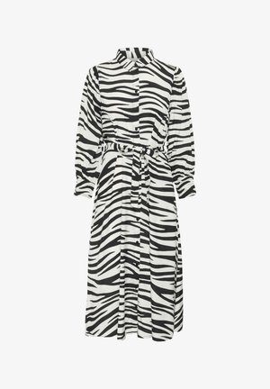 Pogodēta kleita melnbaltā zebras rakstā, ar apkakli, garām piedurknēm, jostu vidukļa daļā un plūstošu siluetu.