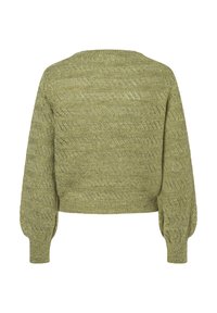 Olivgrüner, gestrickter Pullover mit einem cropped Design, der strukturierte vertikale Streifen und gepuffte lange Ärmel aufweist. Leichtes und atmungsaktives Material.