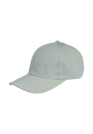 Hellgrünes Karomuster-Baseballcap mit gebogenem Schirm, sechs Belüftungslöchern und einer glatten Stoffstruktur. Verstellbarer Riemen hinten.