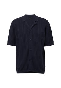 Marineblauwe gebreide shirt met korte mouwen, een gestructureerd patroon, knoopsluiting en een geknipte kraag. Zachte stof, comfortabele pasvorm.