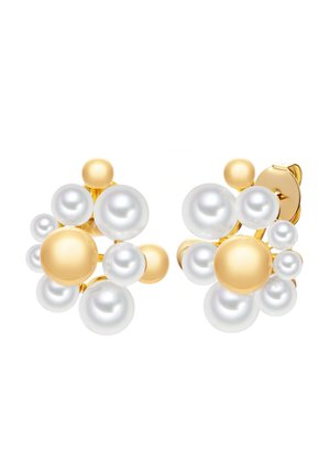 Guld ørestikkere med klynger af hvide og gyldne runde perler i forskellige størrelser.