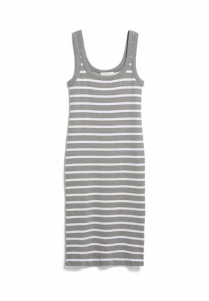 Mouwloze midi-jurk met ronde hals, horizontale grijs-witte strepen, plat gelegd op een witte achtergrond.