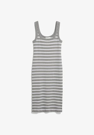 Mouwloze midi-jurk met ronde hals, horizontale grijs-witte strepen, plat gelegd op een witte achtergrond.