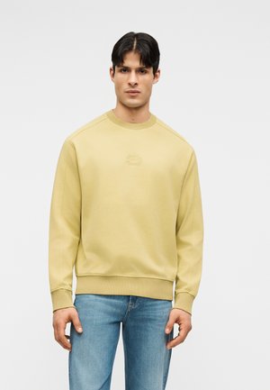 Muž stojí čelom dopredu, má na sebe bledozelenú mikinu s okrúhlym výstrihom a svetlomodré džínsy, na jednoduchom svetlom pozadí.