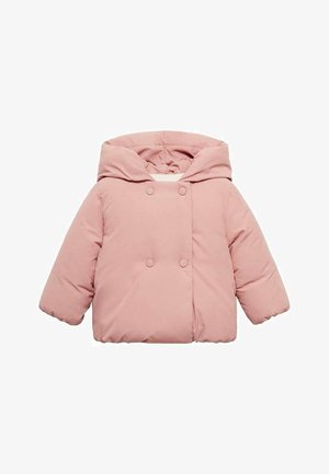 Chaqueta acolchada rosa con capucha, con una suave textura acolchada y cierre de botonadura doble. Diseñada para proporcionar calor y comodidad.