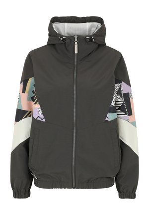 Dark gray hooded jacket with full zipper, elastic cuffs, and multicolored geometric patterned panels on sleeves and upper sides.