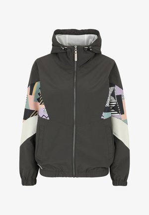 Dark gray hooded jacket with full zipper, elastic cuffs, and multicolored geometric patterned panels on sleeves and upper sides.