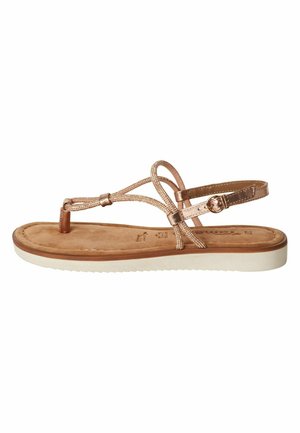 Flat sandal with rose gold metallic straps, soft brown insole, featuring a T-strap design and a light-colored rubber sole.