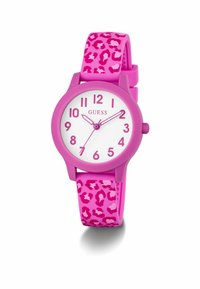 Rosa Silikon-Uhr mit einem weißen Zifferblatt, großen rosa Zahlen und einem Leopardenmuster-Armband. Verfügt über ein rundes Gehäuse und ein einfaches Quarzwerk.