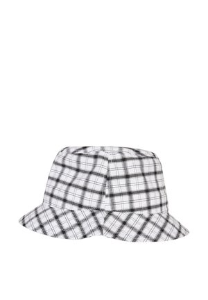 Biały kapelusz typu bucket z czarno-szarym wzorem w kratę i przeszyciami wokół rondy i korony.