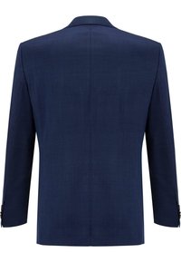 Navy blue suit jacket with a textured fabric, single vent, and three buttons on each cuff. Classic notch lapel and tailored fit design.