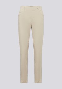 Beige stretch jeans with a tapered fit, front pockets, and belt loops. Smooth texture and classic design suitable for casual wear.
