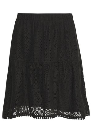 Schwarzer knielanger Rock mit aufwendigen Spitzenmustern und einem Saum mit gewelltem Rand.