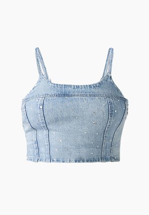 Lichtblauw denim crop top met dunne bandjes, met een aansluitend ontwerp en versierd met kleine zilveren studs over het hele oppervlak.