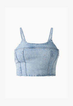 Light blue denim crop top with thin straps, featuring a fitted design and adorned with small silver studs throughout.