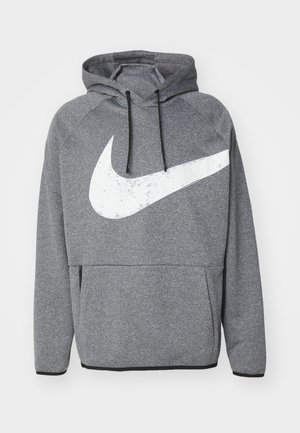 Sudadera con capucha gris y un gran logo blanco de Nike. Cuenta con un bolsillo canguro, capucha con cordones y puños de canalé. Textura suave.