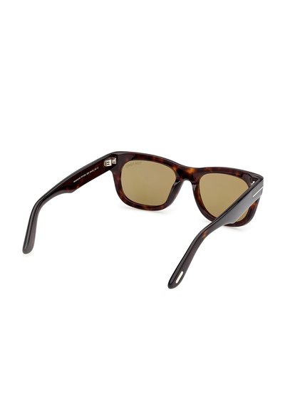 Tortoiseshell rectangular sunglasses with brown tinted lenses and thick arms, positioned angled with inner side showing.