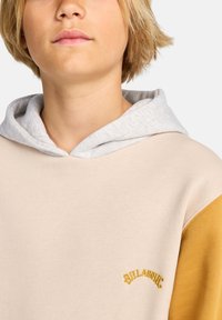 Μπεζ φούτερ με γκρι κουκούλα και μανίκι μουσταρδί. Διαθέτει κεντημένο λογότυπο "BILLABONG" στο στήθος. Κατασκευασμένο από μαλακό υλικό, εμφανείς ανάγλυφες υφές.