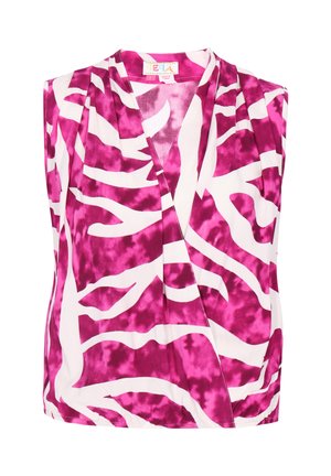 Hihaton, V-kaula-aukollinen naisten toppi, jossa on abstrakti valkoinen ja kirkkaan pinkki seepra-aiheinen kuvio sekä lievää keräystä olkapäillä.