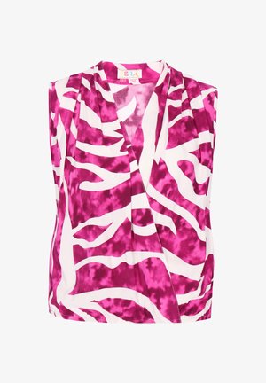 Mouwloze dames top met V-hals, voorzien van een abstract wit en felroze zebrapatroon en lichte plooien bij de schouders.