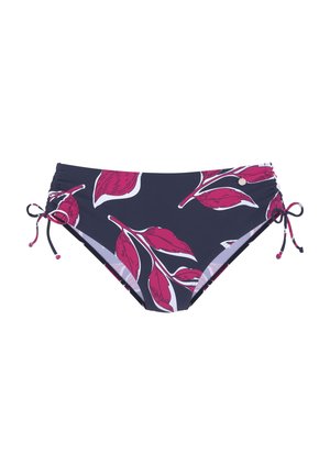 Bikini bottom with a navy background, featuring a pink leaf pattern. Adjustable side ties and a slight sheen texture.
